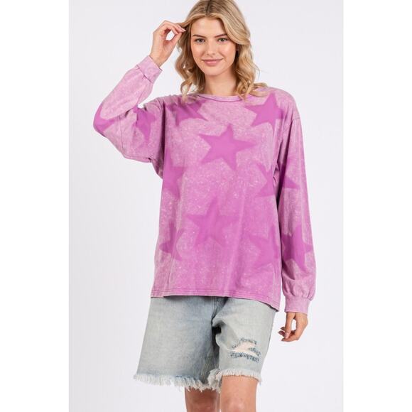 SAGE + FIG Mineral Wash Star Graphic Print Long Sleeves T-Shirt | Moonlit Mauve - Picture 2 of 7